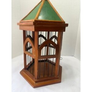 Vintage Wooden Hexagonal Bird Cage Decorative Gazebo Green Roof 16 Inch